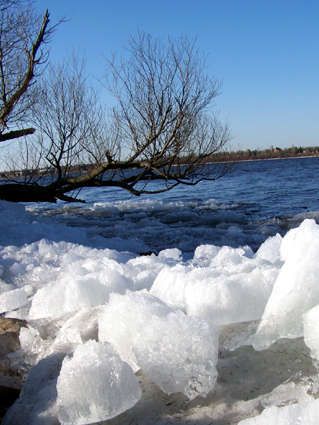 the lake with ice by the shore