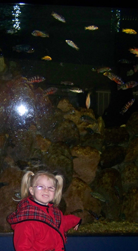 Anna with a fish tank behind her