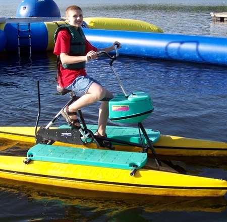 Caleb on a water bike