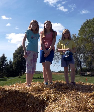Nora, Rosa, and Anna atop the hay bales